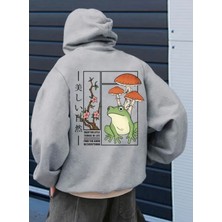 Punix Punıx Büyük Beden Özel Tasarım Kapüşonlu Kurbağa Mantarlar Sırt Baskılı Oversize Erkek Sweatshırt