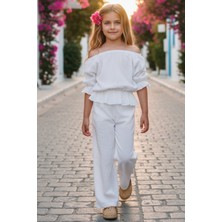 Parla Kids Kız Çocuk Gloria Beyaz Şile Bezi Bluz Pantolon Takım