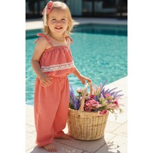 Parla Kids Kız Çocuk Pera Somon Şile Bezi Askılı Dantel Detaylı Tulum Toka Takım
