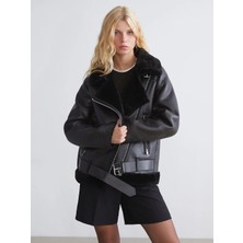 LC Waikiki Xsıde Siyah Pelüş Biker Yaka Kadın Deri Görünümlü Mont