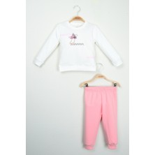 Zubi Baby & Kids Wear Bebek Kız Beyaz Çiçek Aplike Detaylı Sweatshirt ve Pembe Eşofman Altı Takımı