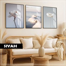 Harikabirev|soft|mavi-Beyaz Minimal Çiçek Kombini |çerçeveli Cam Tablo  3lü Dikey
