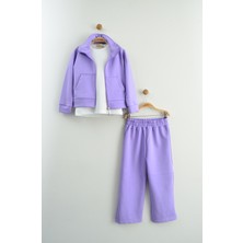 Lila Fermuarlı Ceketli Üçlü Kız Çocuk Takımı