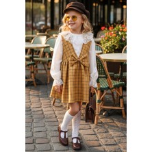 Parla Kids Kız Çocuk Anna Hardal Kareli Fiyonklu Jile Elbise Ekru Dantel Detaylı Bluz Takım