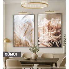 Harikabirev|soft| Kahve-Krem Tonlar Buğday-Çiçek Kombini |çerçeveli Cam Tablo 2li Dikey