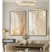 Harikabirev|soft| Krem Renk Zarif Bitki Kombini |çerçeveli Cam Tablo 2li Dikey