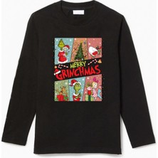 Efendioğlu Design Uzun Kollu 6 Foto Işıklı Merry Grinchmas Baskılı Yılbaşı Yeni Yıl Çocuk T-Shirt