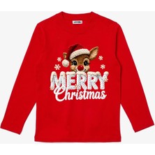 Efendioğlu Design Uzun Kollu Geyik Merry Christmas Baskılı Pamuklu Nakış Baskılı Yeni Yıl Yılbaşı T-Shirt