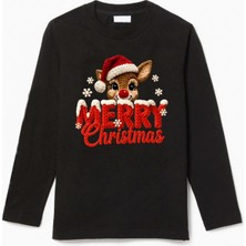 Efendioğlu Design Uzun Kollu Geyik Merry Christmas Baskılı Pamuklu Nakış Baskılı Yeni Yıl Yılbaşı T-Shirt