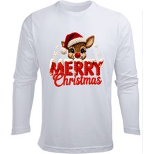 Efendioğlu Design Uzun Kollu Geyik Merry Christmas Baskılı Pamuklu Nakış Baskılı Yeni Yıl Yılbaşı T-Shirt