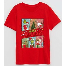 Efendioğlu Design 6 Foto Işıklı Merry Grinchmas Baskılı Yılbaşı Yeni Yıl Çocuk Kısa Kollu T-Shirt
