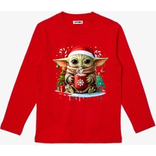 Efendioğlu Design Uzun Kollu Sevimli Noel Bebek Yoda Baskılı Yeni Yıl Yılbaşı Için Pamuklu Çocuk T-Shirt