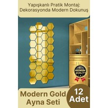 Svein Yeni Seri Modern Şık Tasarım Dekoratif Altıgen Ev Ofis Duvar Dolap Yapışkanlı Gold Ayna Seti 12 Adet