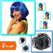 Hereveoyuncak Küt Peruk Mavi + Siyah Renk Düz Model Hazır Telli Saç Şeklinde Postiş Toka - 2li Set Y9D8C8