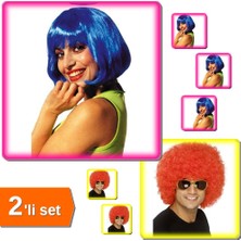 Hereveoyuncak Küt Peruk Mavi + Turuncu Kabarık Bonus Peruk - 2li Set B3G8W1