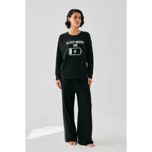 Moda Serdem Modaserdem  Kadın Siyah Sleep Mode On Oversize 2 Iplik Eşofman Ev Giyim Takımı