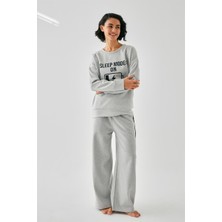 Moda Serdem Modaserdem  Kadın Gri Sleep Mode On Oversize 2 Iplik Eşofman Ev Giyim Takımı