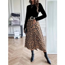 Arben Boutique Kadın Uzun Kollu Bisiklet Yaka Ithal Krep Bluz Alt Desenli Modal Midi Elbise