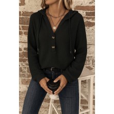 Mç Plus Kadın Uzun Kollu Kapşonlu Önü Düğmeli ve Bağcıklı Waffle Bluz