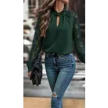 Tua Moda Kadın Uzun Kollu Göğüs Pencere Detay Yaka Boğazlı Kolları Tüllü Sandy Bluz