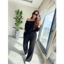 Giyimodam Kadın Uzun Kollu Tek Omuzdan Açık Modal Bluz ve Pantolon Ikili Takım