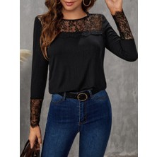 Nidam Butik Kadın Uzun Kollu Bisiklet Yaka Dantel Detaylı Burgu Bluz