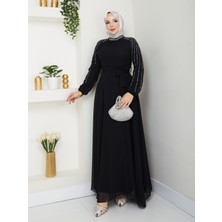 Hiramir Kadın Kolları Işlemeli Astarlı Abiye Elbise YZ2501 Siyah - 46