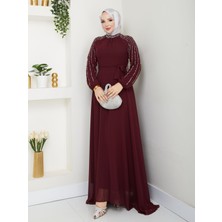 Hiramir Kadın Kolları Işlemeli Astarlı Abiye Elbise YZ2501 Bordo - 42