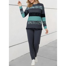 Tiana Kadın Uzun Kollu Bisiklet Yaka Çizgili Desen Iki Iplik Bluz ve Pantolon Ikili Takım