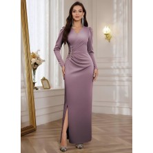 Aisha Elbise Kadın Uzun Kollu Kruvaze Yakalı Yanları Taşlı Yırtmaçlı Uzun Ithal Krep Elbise