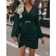 Arben Boutique Kadın Uzun Kollu Kruvaze Yaka Yandan Büzgülü Asimetrik Detaylı Ithal Krep Mini Elbise