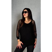 Aisha Elbise Kadın Yarasa Kol Puantiyeli Tül Detay Bluz