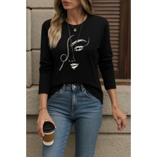 Arben Boutique Kadın Uzun Kollu Bisiklet Yaka Yüz Desenli Viskon Bluz