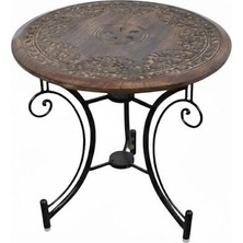Otantik Çarşı Eskitme Ahşap Ferforje Oymalı Yuvarlak  Sehpa 60X60X59 Cm.