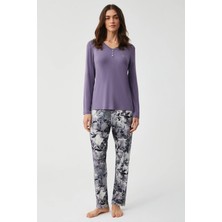Penye Mood Yumuşak Dokulu V Yaka Uzun Kol Kadın Pijama Takım 9905
