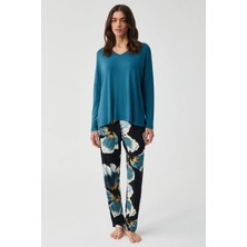 Penye Mood Yumuşak Dokulu V Yaka Uzun Kol Kadın Pijama Takım 9908