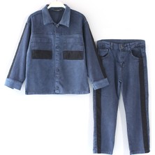 DobaKids Erkek Çocuk Şerit Detaylı Denim Alt Üst Gömlek Pantolon Takım Mavi Kot Erkek Çocuk Takım
