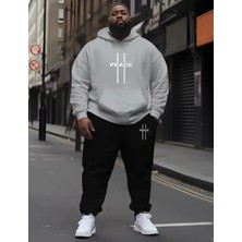 Amor Man Büyük Beden Özel Tasarım Kapüşonlu Peace Dikey Şerit Baskılı %100 Pamuk Kışlık Erkek  Eşofman Takımı