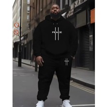 Amor Man Büyük Beden Özel Tasarım Kapüşonlu Peace Dikey Şerit Baskılı %100 Pamuk Kışlık Erkek  Eşofman Takımı