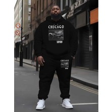 Amor Man Büyük Beden Özel Tasarım Kapüşonlu Chıcago Baskılı %100 Pamuk Kışlık Trend Erkek Eşofman Takımı