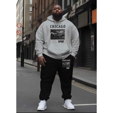 Amor Man Büyük Beden Özel Tasarım Kapüşonlu Chıcago Baskılı %100 Pamuk Kışlık Trend Erkek Eşofman Takımı