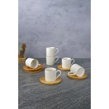 FRY 6 Lı Bambu Tabaklı Porselen Kahve Fincanı Seti