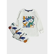Elmas Kids Erkek Çocuk %100 Pamuklu Beyaz Dinozor Desenli Uzun Kollu Pijama Takımı