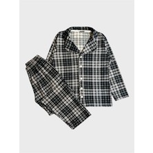 Aliş Kids Erkek Çocuk Pamuklu Süet Kumaş Gri Ekose Desenli Uzun Kollu Gömlek Yaka Düğmeli Pijama Takımı