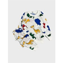 Aliş Kids Erkek Çocuk Pamuklu Şardonlu Beyaz Safari Desenli Uzun Kollu Kışlık Pijama Takımı
