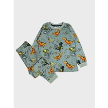 Elmas Kids Erkek Çocuk %100 Pamuklu Yeşil Dinozor Desenli Uzun Kollu Pijama Takımı