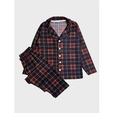 Tusem Butik Homewear Erkek Çocuk Pamuklu Süet Kumaş Lacivert Bordo Ekose Desenli Uzun Kollu Gömlek Yaka Pijama Takımı