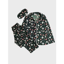 Aliş Kids Kız Çocuk Pamuklu Yeşil Süet Kumaş Şeker Kardan Adam Yılbaşı Desen Gömlek Yaka Kışlık Pijama Takımı