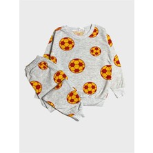 Aliş Kids Erkek Çocuk Pamuklu Şardonlu Gri Futbol Topu Desenli Uzun Kollu Kışlık Pijama Takımı