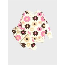 Aliş Kids Kız Çocuk Pamuklu Şardonlu Krem Rengi Papatya Desenli Uzun Kollu Kışlık Pijama Takımı